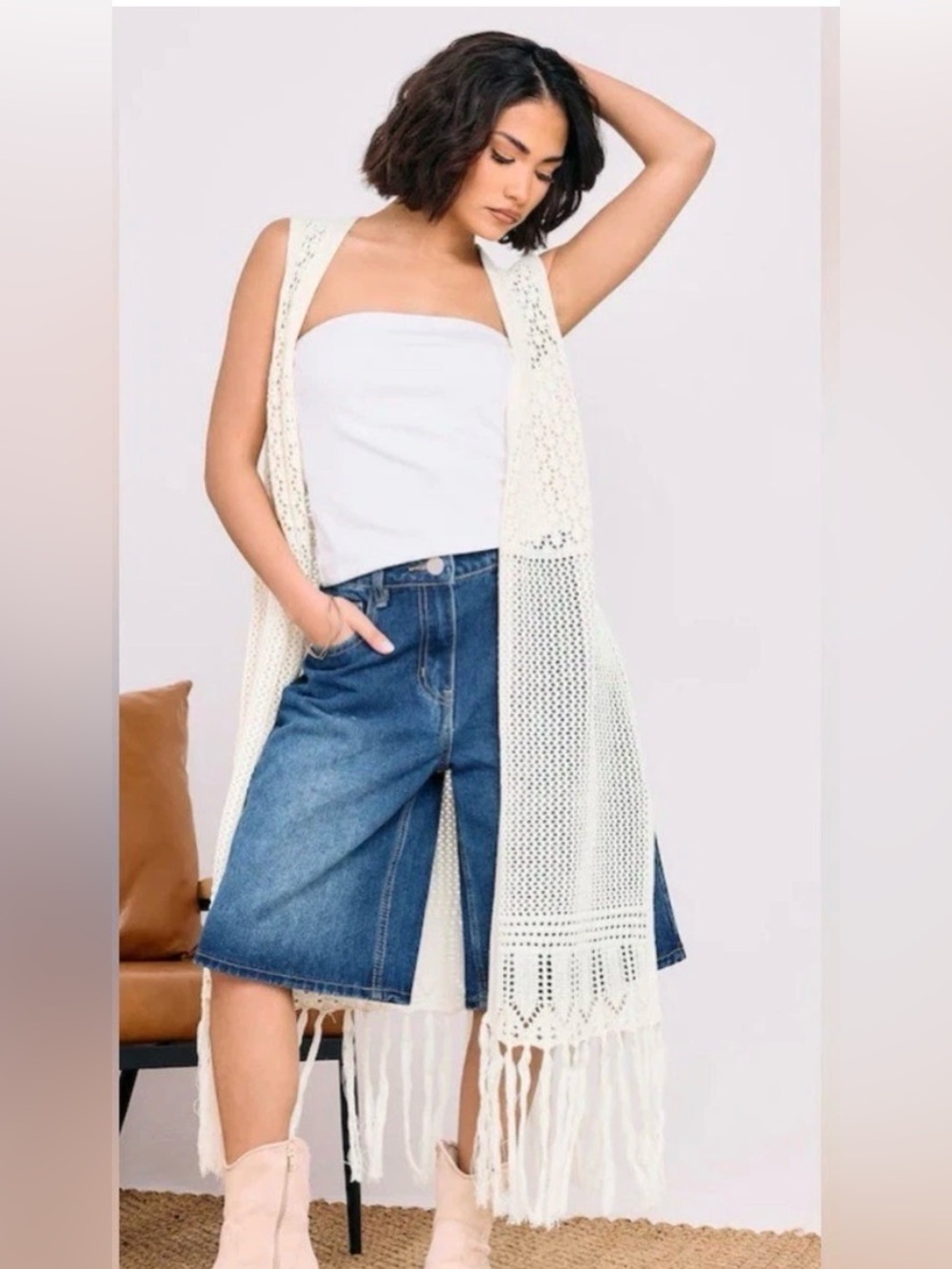 ASOS Natural Crochet Longline Cover-Up Waistcoat Cardigan – Size 12